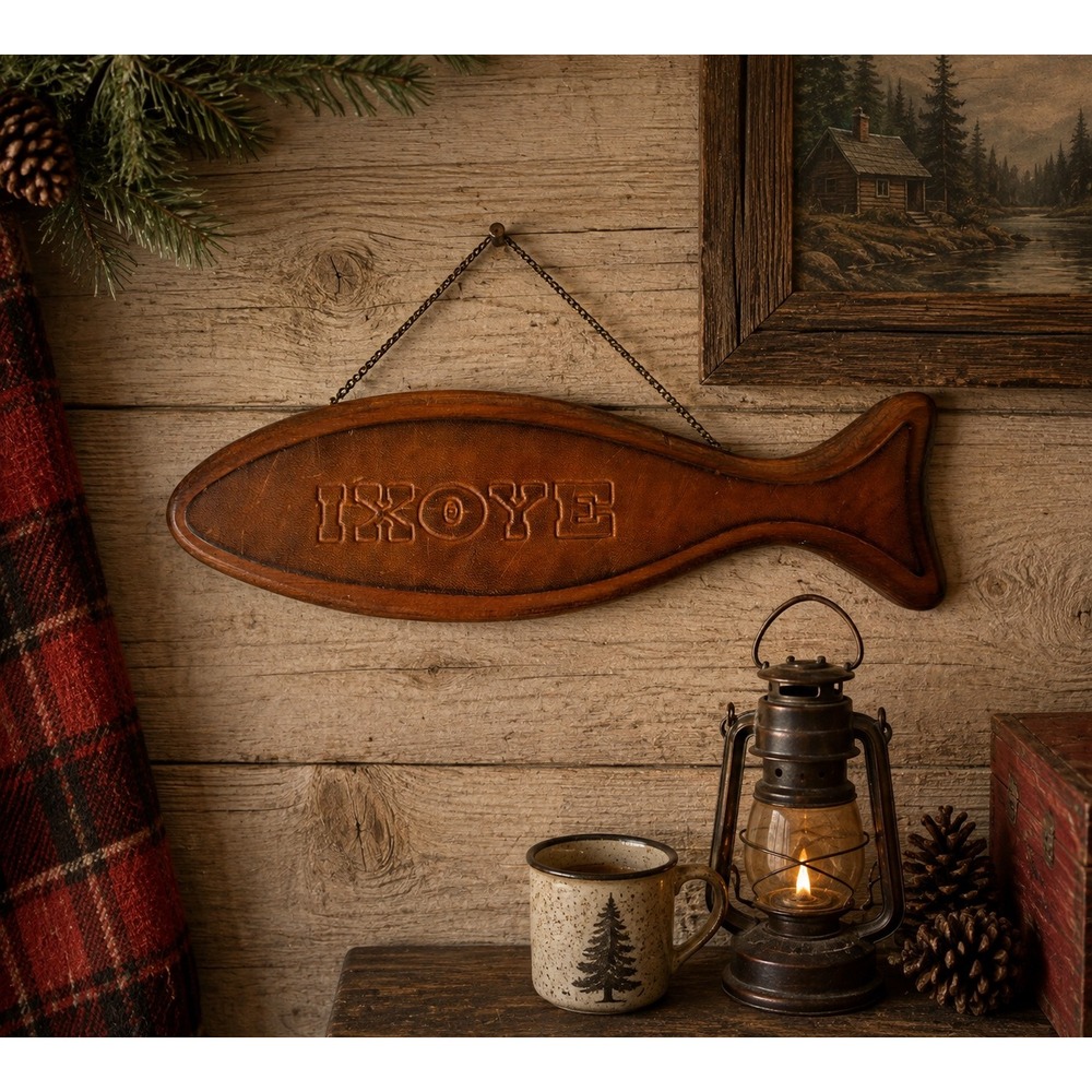 One Way Leather IXOYE Jesus Fish Wall Hanging Rustic Wooden Backed Brass Chain